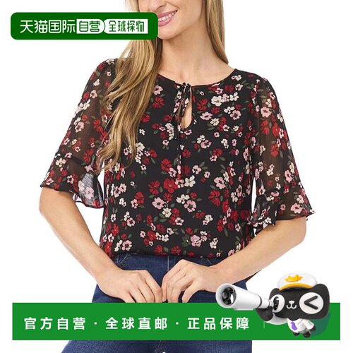 自营CeCe顶级女士多色碎花领结荷叶边袖口衬衫GBO3644-多 美国奥