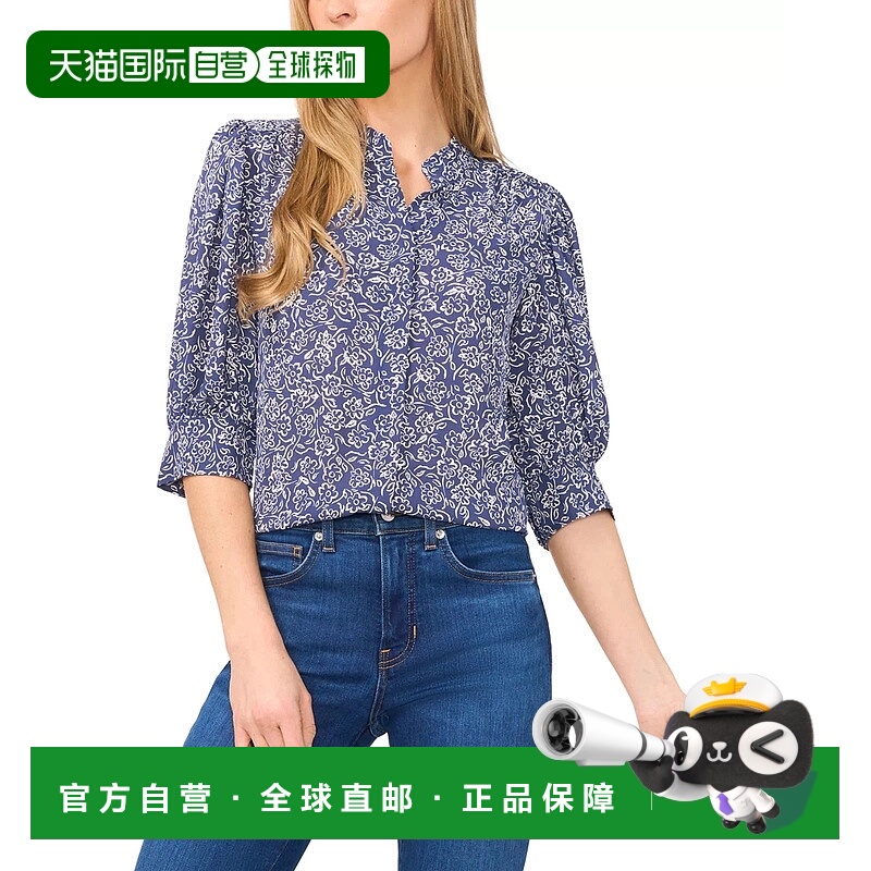 自营CeCe Blouse Womens  Ocean Blue Floral 3/4 Puff Sleeve Ba