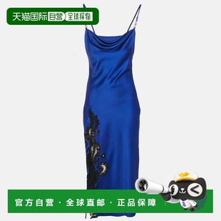 自营Versace Blue Barocco Lace Satin Silk Cowl Neck Slip Dres