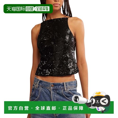 自营Women's Free People James Sequin Crop Tank Top Black Adj