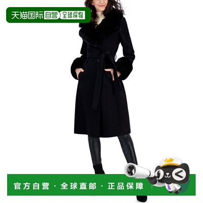 自营Via Spiga Women's Faux-Fur-Trim Belted Wrap Coat - black