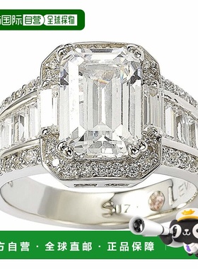 自营 Suzy Levian 纯银白色祖母绿切割立方氧化锆订婚戒指 - 白色