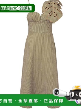 自营FARM Rio Women's Striped 3D Monstera Leaf Linen Midi Dre