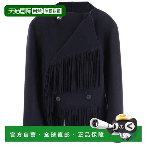 自营carven海军蓝流苏双排扣羊毛羊绒混纺夹克-黑色 美国奥莱直发