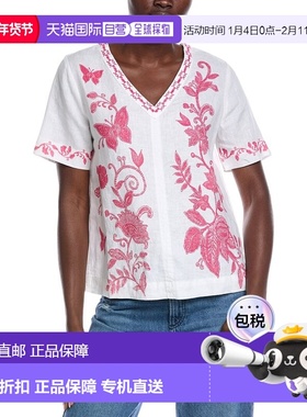 自营Johnny Was V-Neck Tie Back Linen Blouse - white 美国奥莱