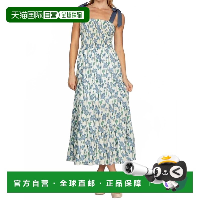 自营she + sky蓝蓝色Smoked Tube Maxi印花梭织分层连衣裙 美国奥