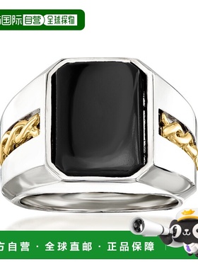 自营 Ross-Simons 925 纯银和 14 克拉黄金男士黑色缟玛瑙戒指 -