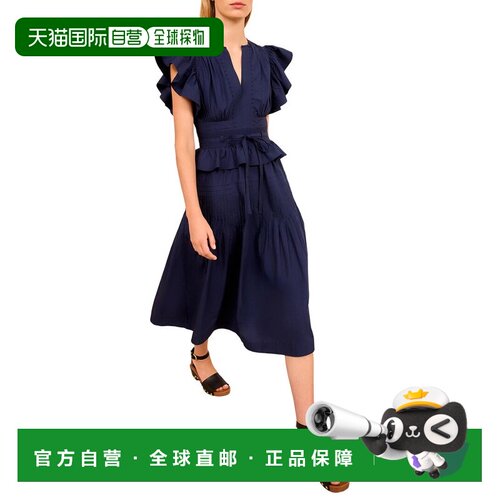 自营Ulla Johnson Florence Flutter袖子中长裙-午夜 美国奥莱直