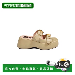 美国奥莱直发 中性色 自营 moschino米色皮革平台扣凉鞋