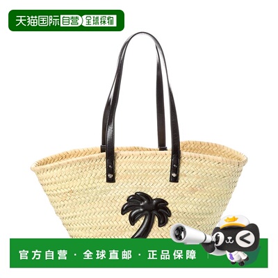 自营Palm Angels Palm Applique Straw & Leather Tote - black