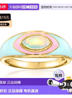 自营Ross-simons蛋白石戒指，粉红色和蓝色珐琅，18kt黄金，纯白