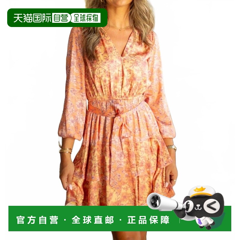 自营current air珊瑚多色桃花长袖迷你连衣裙-珊瑚多色 美国奥莱