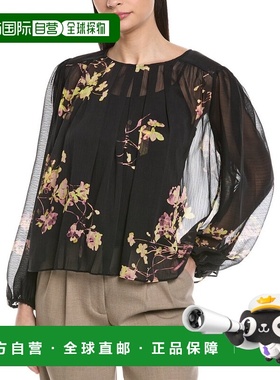 自营Vince Camuto Round Neck Shirring Front Blouse - black 美