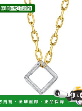 自营 genevive14k 镀金优雅链带闪亮钻石三角纯银吊坠项链方晶锆