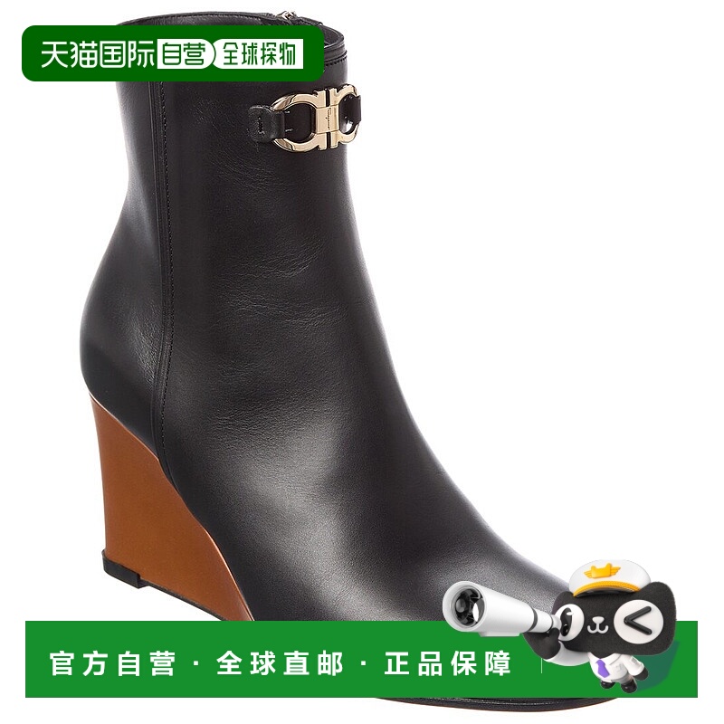 自营salvatore ferragamo菲拉格慕Catuja皮革楔形靴-黑色 美国奥