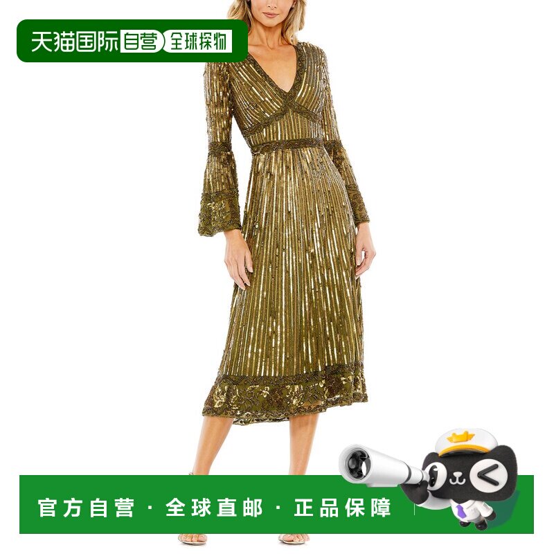自营Mac Duggal装饰3/4袖v领A线连衣裙-绿色 美国奥莱直发