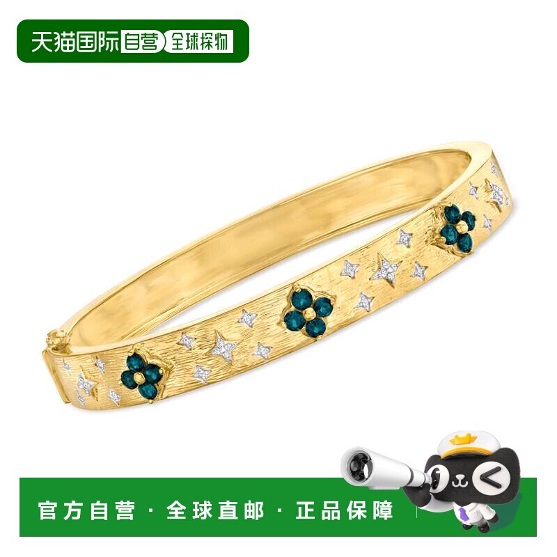 自营Ross-Simons 伦敦蓝色托帕石花卉手镯，配 。 18kt 金钻石（