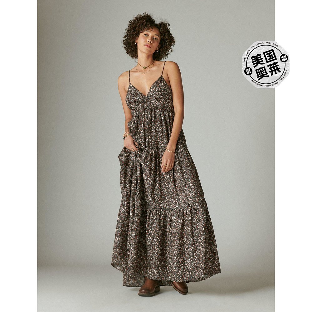 Lucky Brand Women's Paisley Tiered Maxi Dress black【美国奥-封面