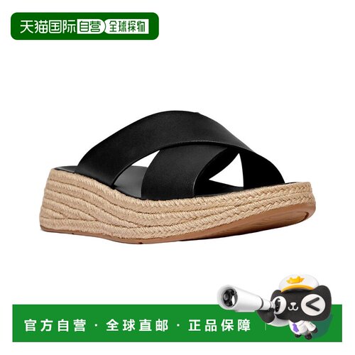 自营FitFlop F-时尚帆布皮革平板式十字滑梯-黑色 美国奥莱直发