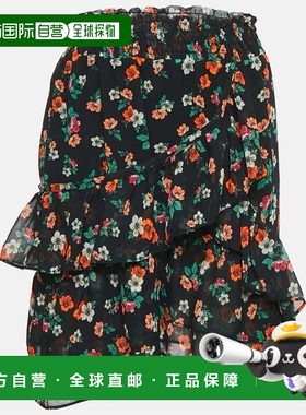 自营Maje Black Floral Print Ruffled Jupe Imprime Mini Skirt