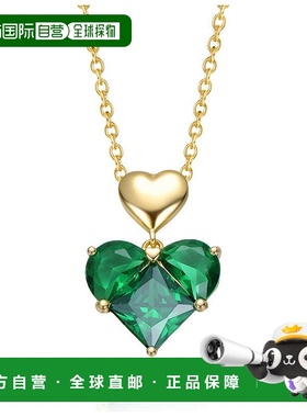 自营 genevive纯银14k镀金祖母绿立方氧化锆双心吊坠项链-绿色 美