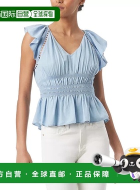自营 Sam Edelman Nyra上衣女式蓝色烟熏蝴蝶结下摆飘逸袖FTS1070