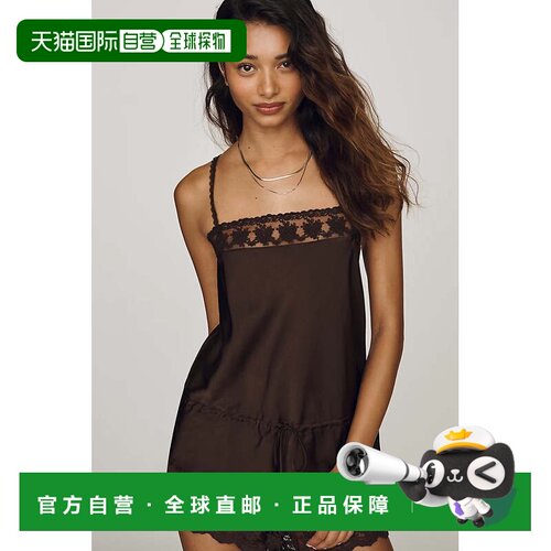 自营bardot漂亮的缎面蕾丝装饰上衣-黑巧克力 美国奥莱直发