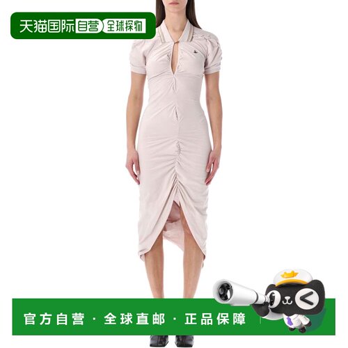 自营vivienne westwood褶饰中长款连衣裙，不对称下摆和泡泡袖-粉