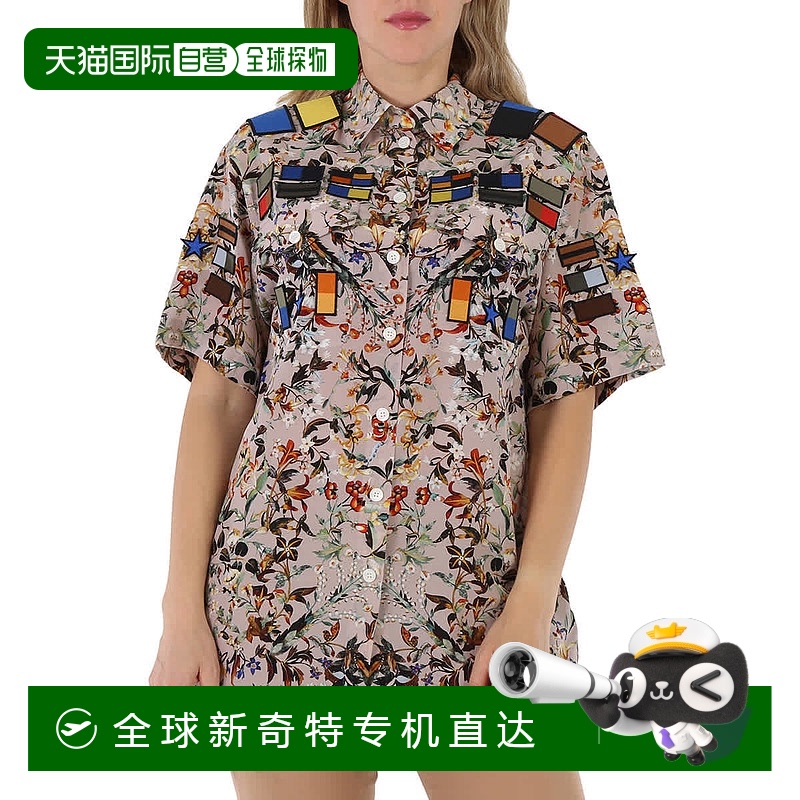 自营 Burberry徽章贴花鸢尾花印花丝绸绉纱大号衬衫-米色ip pttn