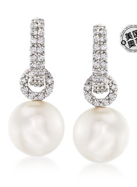 自营925 纯银 Ross-Simons 养珠和 CZ 圈形吊式耳环 - 白色 美国