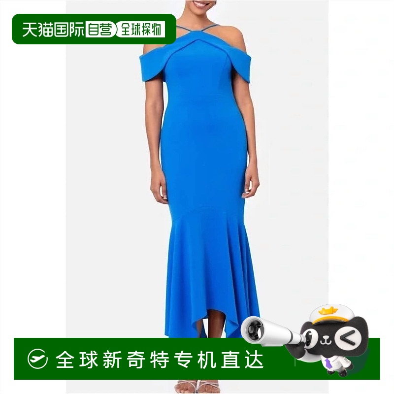 自营 xscape晚上冷肩手帕下摆水肺绉纱蓝色-蓝色 【美国奥莱】直