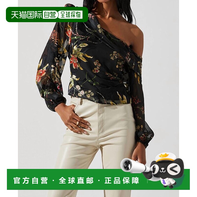 自营astr the labelReign透明泡泡袖上衣，黑橙色花朵-黑橙色花朵