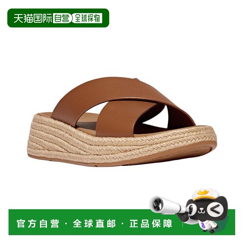 自营FitFlop F-时尚帆布皮革平板式十字滑梯-米色 美国奥莱直发