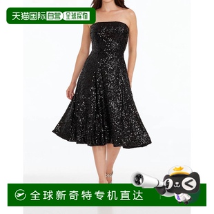 自营 dress the population深黑色红宝石亮片无肩带鸡尾酒会连衣