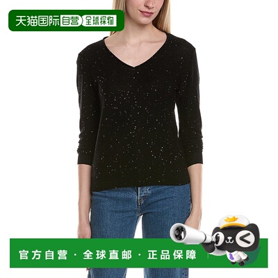 自营sofiacashmere亮片深V羊毛和羊绒混纺毛衣-黑色 美国奥莱直发