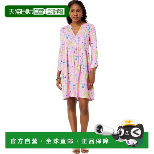 自营Lilly Pulitzer Loran连衣裙女士粉红色花卉 棉褶KFC1063-粉