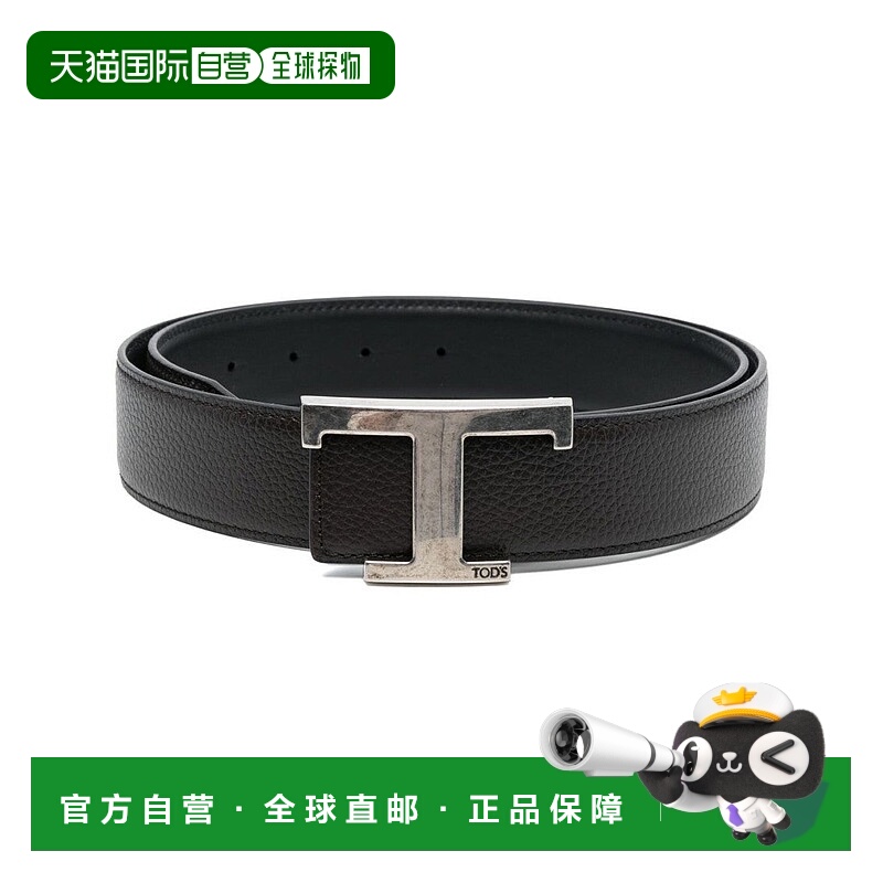 自营tod'sTextured Black Belt With Prominent T-Shaped Buckle