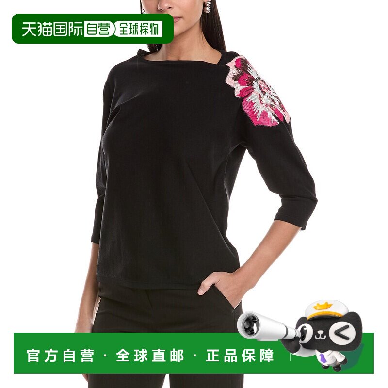 自营Anne Klein 亮片缀饰花朵毛衣 - 黑色 美国奥莱直发