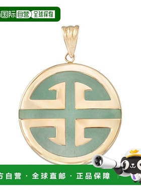 自营14kt 金 Ross-Simons 绿色翡翠“长寿”中国符号圆形吊坠 -