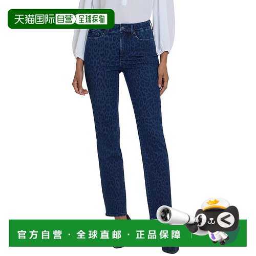 自营NYDJ Petite Marilyn Dark Denim Leopard Print Straight Le