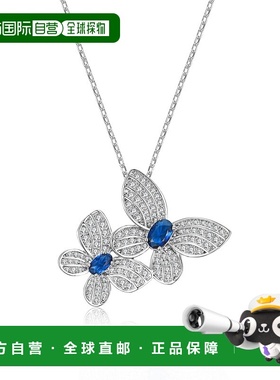 自营 genevive纯银白金镀蓝色蓝宝石和钻石方晶锆石双飞舞蝴蝶吊