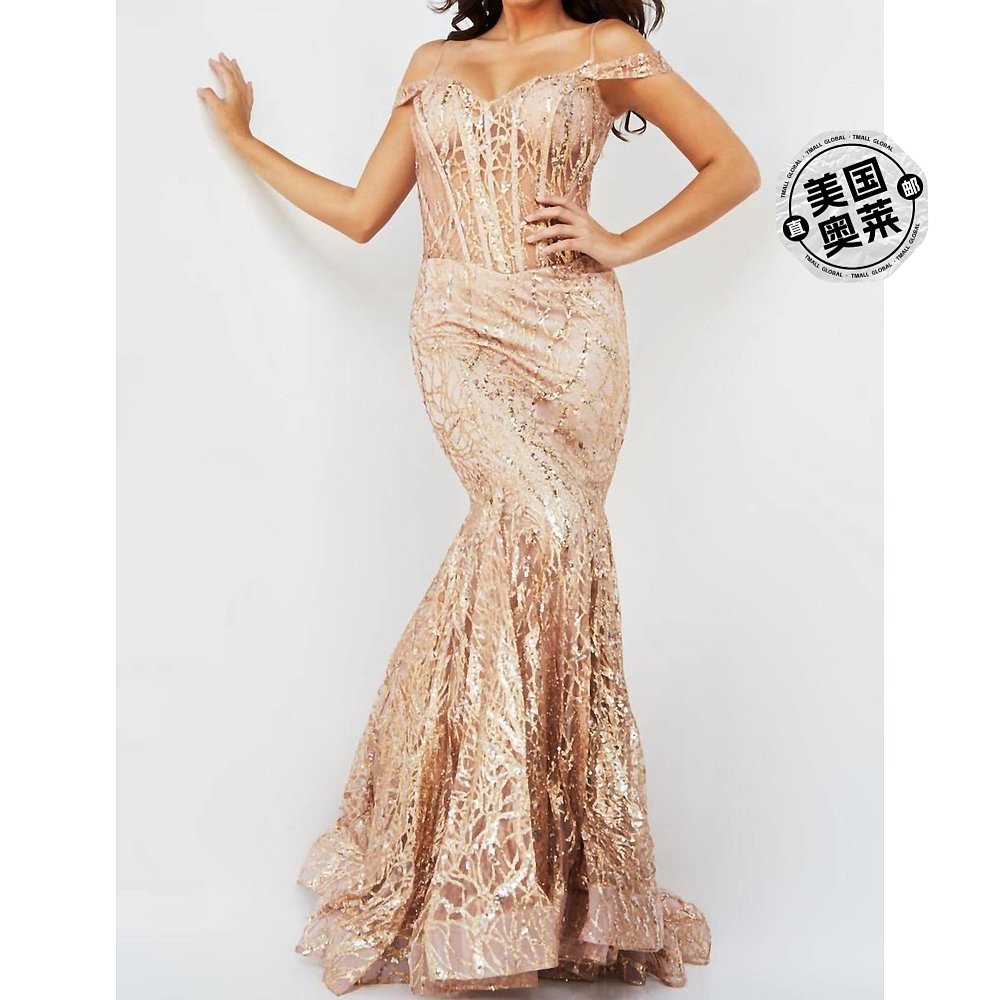 jovaniEmbellished Off The Shoulder Prom Dress In Rose/gold r