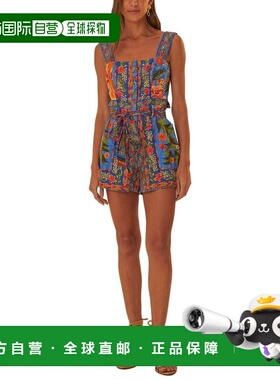 自营FARM Rio Stitched Garden Blue Linen-Blend Romper - blue