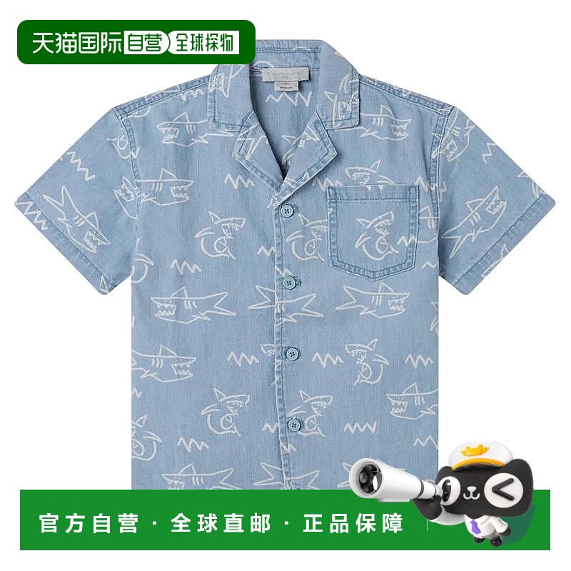 自营Stella McCartney男孩浅蓝色牛仔鲨鱼印花衬衫-浅蓝色/白色