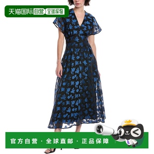 蓝色 roseLela玫瑰花提花丝绸混纺迷笛连衣裙 美国奥莱 lela 自营