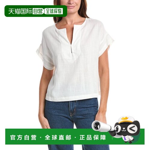 自营Max Studio Short Sleeve Split Neck Linen-Blend Top - whi