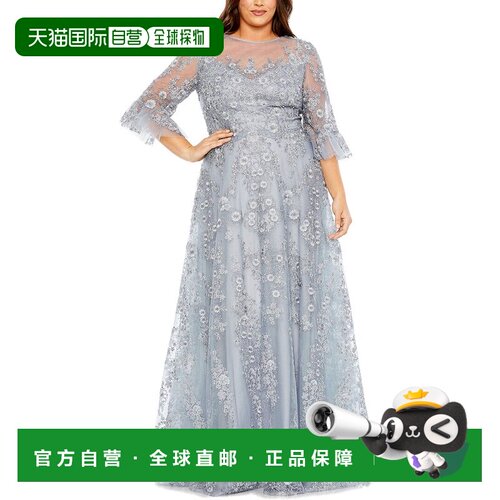 自营Mac Duggal Plus Flutter袖子装饰a线礼服-铂金 美国奥莱直发