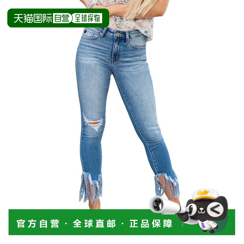 自营 kancanDalton中腰流苏脚踝紧身牛仔裤中蓝色-中蓝色 美国奥