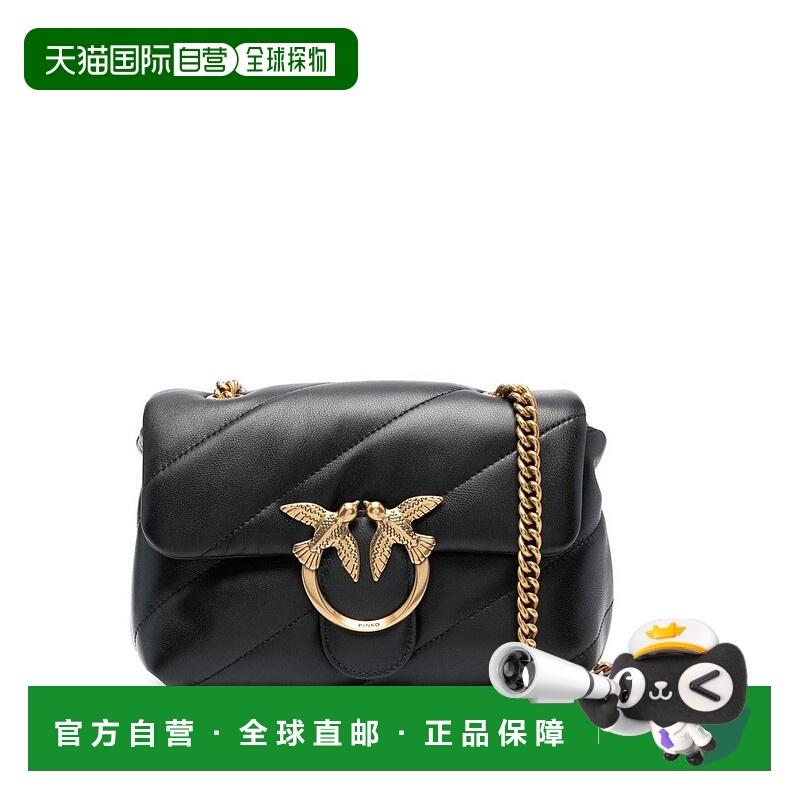 自营pinkoQuilted Black Shoulder Bag With Gold-Tone Bird Moti