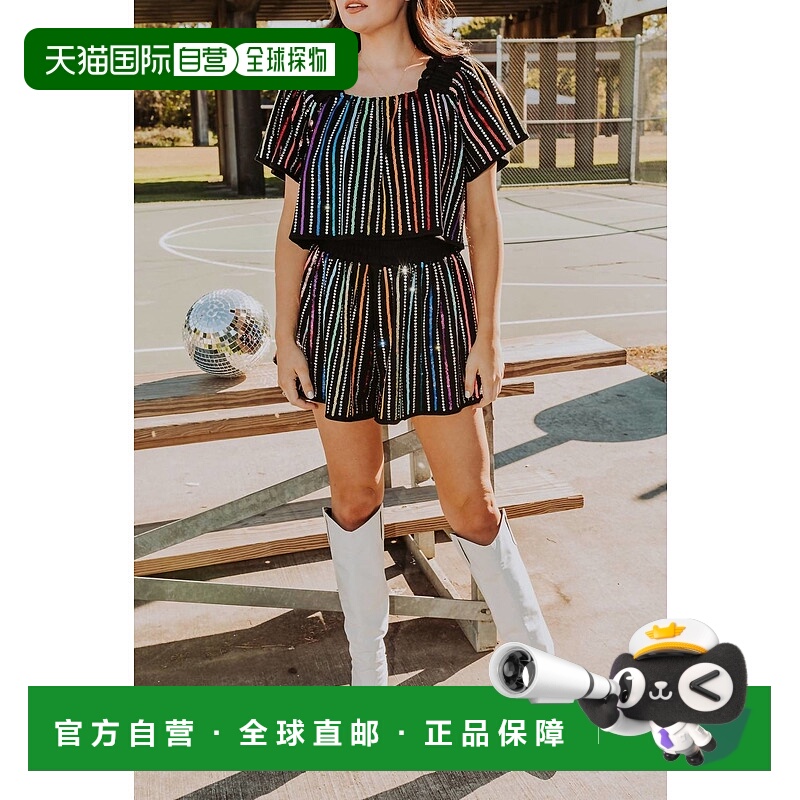 自营 queen of sparkles黑色亮片水钻条纹飘逸上衣 - 黑色 美国奥